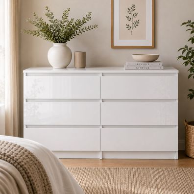 Kommode Bella 6 Weiß Hochglanz 119 cm - Sideboard mit 6 Schubladen