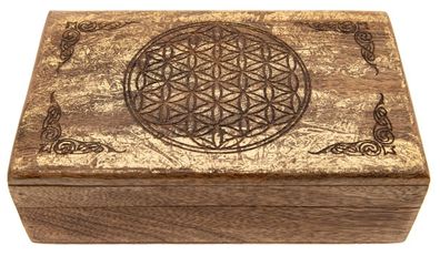 Holzbox BLUME DES LEBENS mit Blattgold Mangoholz 20,5 x 13 cm Holzkiste Schatull