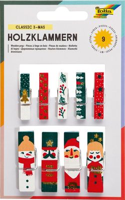 folia 22955 Holzklammern 9 Stück X-Mas Weihnachtsmotive