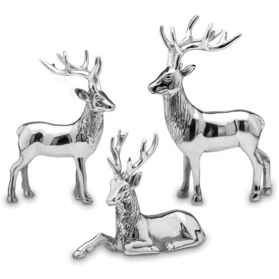 Deko Hirsch-Figuren 3er Set 15/22/29 cm Aluminium silber liegend und stehend XL