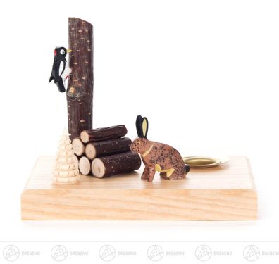Kerzenhalter mit Hase und Specht, für Kerze d=14mm BxHxT 9,5 cmx7,5 cmx7,5 cm