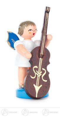 Engel mit Zupfbass stehend, blaue Flügel H=ca 6,5 cm Erzgebirge Weihnachtsfigur