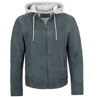 Milestone - Herren Lederjacke Kapuze Lammvelour jeans blau