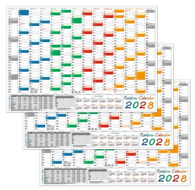 3 Stück Rainbow Wandkalender Wandplaner 2028 gefaltet DIN A1 Format (594 x 841 mm)