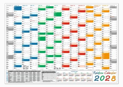 Rainbow Wandkalender Wandplaner 2028 gefaltet DIN A1 Format (594 x 841 mm)