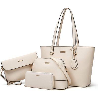 Damen Handtasche Tote Schultertasche Umhängetasche Beige Set 4-teilig