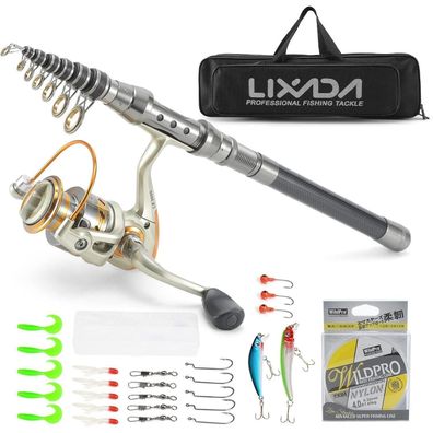 Teleskop Angelrute Spule Combo Kit 100M Angelschnur Köder Haken Jigkopf Fischen