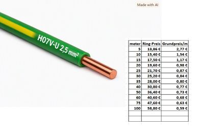 H07V-U 2,5 mm² XBK Aderleitung Erdungskabel starr grün / gelb - Fachhandelsqualität