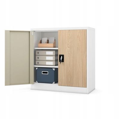 Kleiner Aktenschran Büroschrank mit Flügeltüren 93 x 90 x 40 cm weiß-holzoptik