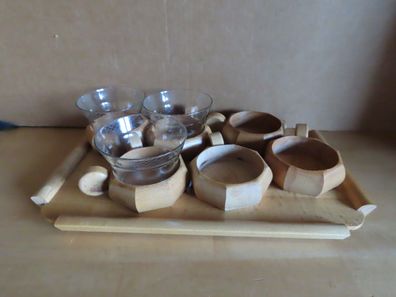 Tee-Set Tablett mit 6 Haltern Holz + 3 Gläsern Relief Sterne