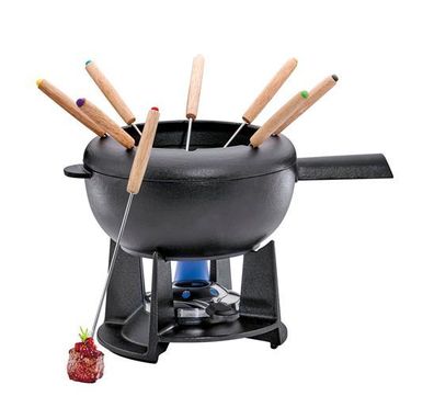 Spring Fondue-Set SAAS-FEE Gusseisen emailliert 20 cm schwarz 8 Gabeln