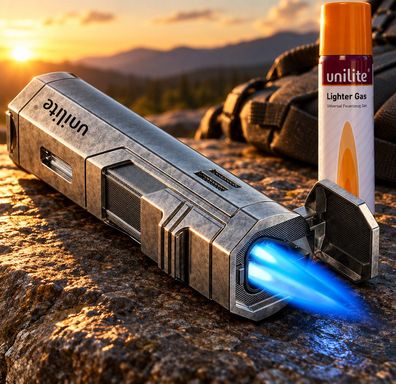 Sturmfeuerzeug mit Jetflame Silber mit 100 ml Butan Gas im Set