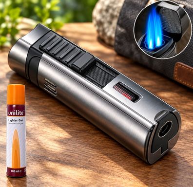 Sturmfeuerzeug mit Jetflame Antrazit mit 100 ml Butan Gas im Set