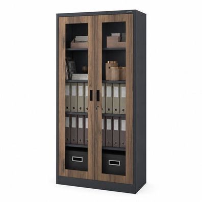 Metallschrank mit Vitrine, anthrazit/Nussbaum: Eco Design AMELIA, 900 x 1850 x 400 mm