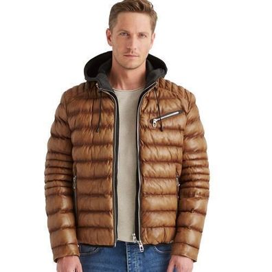 Milestone - Herren Lederjacke Steppjacke Lammnappa Kapuze cognac