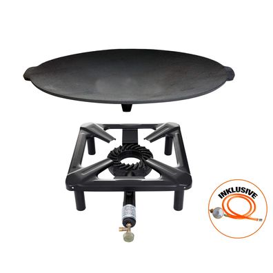 Hockerkocher-Set (klein) mit Gusseisengrillschale Ø 45 cm inkl. Gasschlauch & Regler