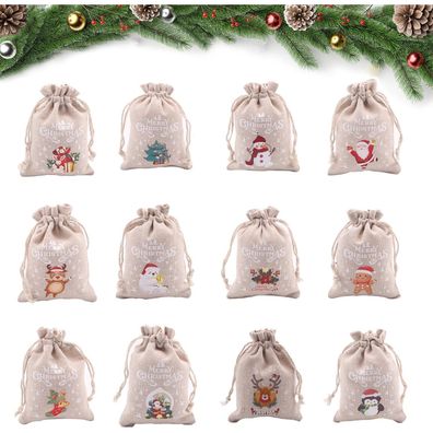 12 x Weihnachten Drawstring Geschenksäckchen Jutesäckchen Stoffbeutel