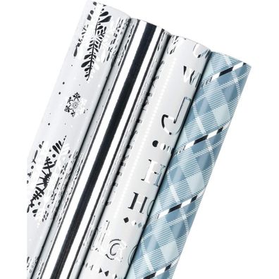 Geschenkpapierrollen Silber Blau Gitter Glitter Metallic Foil 4 Rollen