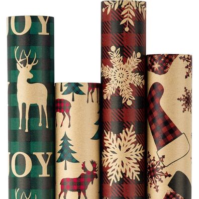 Ruspepa Weihnachtsgeschenkpapier Kraftpapier Rot Grün Plaids Christmas 4 Rollen