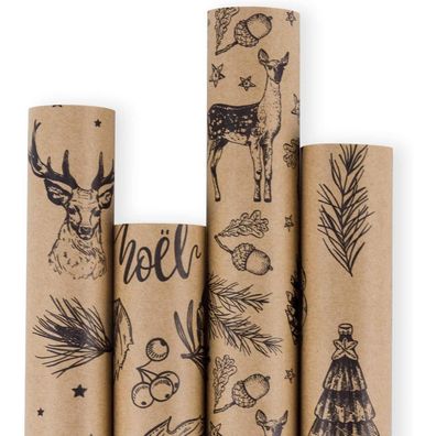 Weihnachtspapierrolle Kraftpapier Schwarze Weihnachtselemente 4 Rollen 76cm x