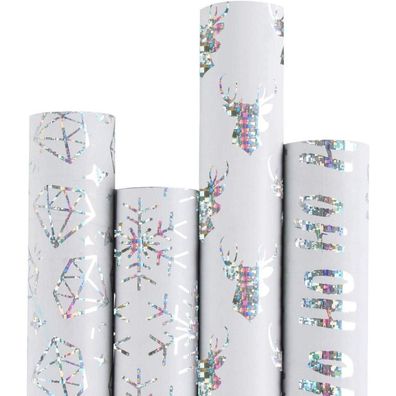 Weihnachtspapierrolle Weißes Papier Silber Glanzmuster 4 Rollen 76 x 305 cm