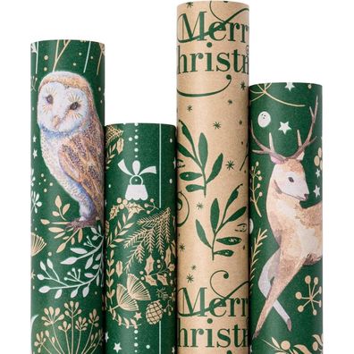 Weihnachts-Geschenkpapier Kraftpapier Eule Rentier Kugel Textdesign 76x3m