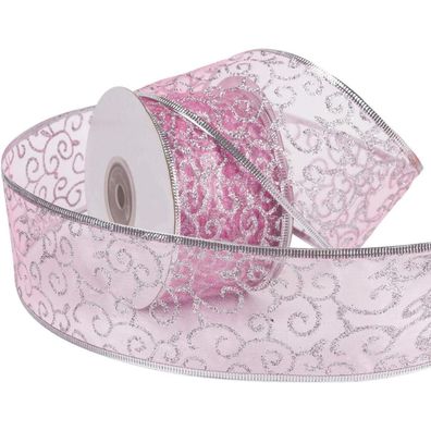 Hellrosa Swirl Sheer Glitter Kabelgebundenes Weihnachtsferienband 63mm x 22m
