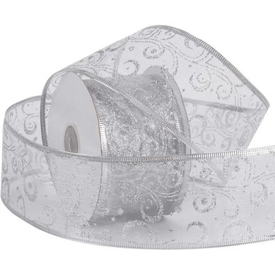 Wired Christmas Holiday Band Silver Swirl Sheer Glitter 63 mm x 22 m
