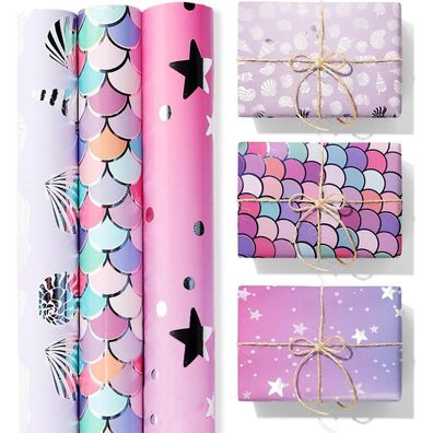 ZYOOO Meerjungfrau Geschenkpapier 3 Rollen 43cm x 3m für Kinder Mädchen