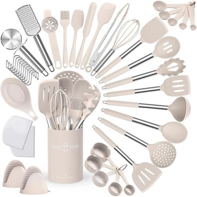 34-teiliges Silikon Kochutensilien Set mit Utensilienhalter, Antihaft Khaki