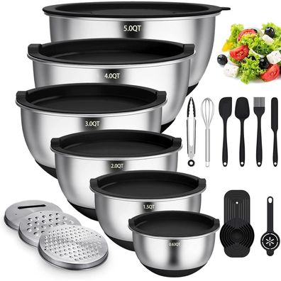 Terlulu Rührschüssel Set Edelstahl Schwarz 6er - Silikonboden, 3 Reibenaufsätzen