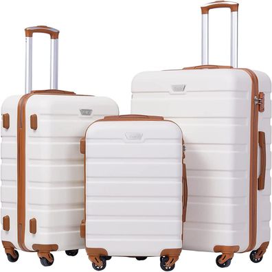 Coolife Hartschalen-Koffer Trolley Set Weiß/Braun TSA 4 Rollen