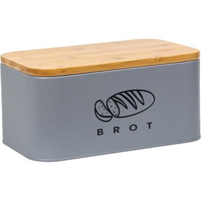 Theo&Cleo Brotkasten mit Bambusdeckel, Retro Metall 30cm Grau
