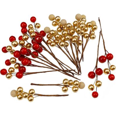 20 Stück künstliche Stechpalme Beeren Picks Weihnachtsbaum Deko rot gold