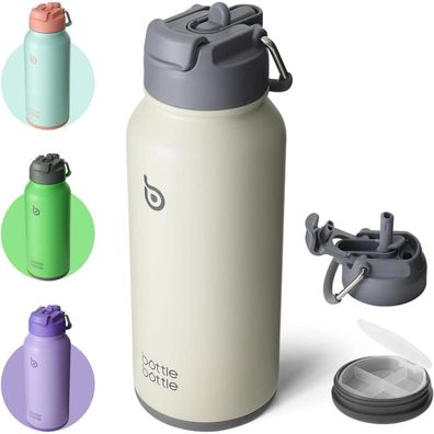 Edelstahl Trinkflasche 1L mit Strohhalm Thermoskanne Sport Isolierflascheurai