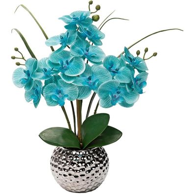 Künstliche Orchidee Kunstblumen Phalaenopsis Deko 49 cm Keramiktopf Hellblau