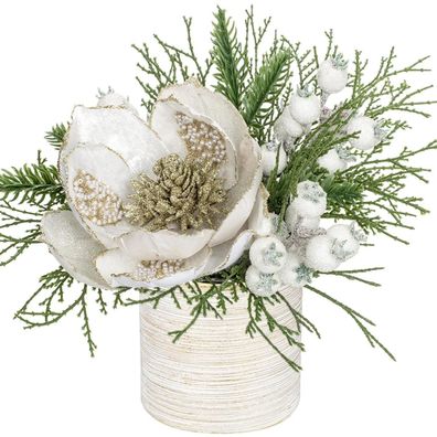 Kunstpflanze Weihnachtsdeko Magnolie Gestecke Keramiktopf Tannenzweig Kugeln