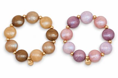 Armband elastisch Braun-Natur Lila-Töne Mat-Goldene Perlchen Nickelfrei Biba