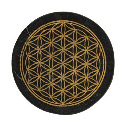 Shungit Platte BLUME DES LEBENS Entstörung rund ø7 cm in Geschenkbox