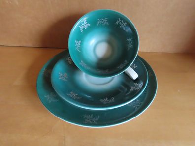 Sammeltasse mit Untertasse + Dessertteller grün mit Silbermuster Weimar Porzellan