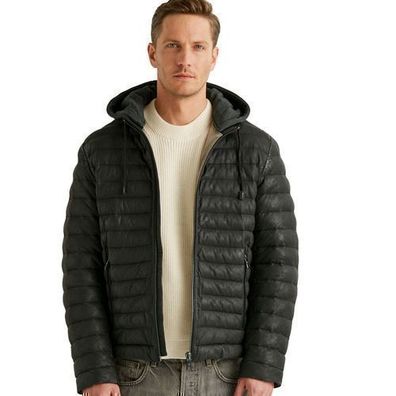 Milestone - Herren Lederjacke Steppjacke Lammnubuk Kapuze schwarz