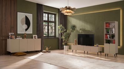 Beiges Wohnzimmer-Set Fernsehschrank stilvolle Konsole Bücherregal TV-Ecke