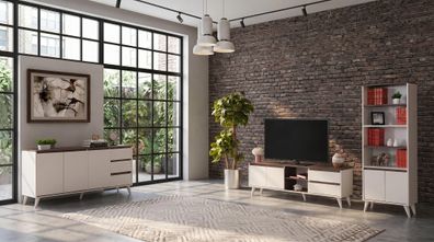 Beige-braunes Wohnzimmer-Set TV-Schrank Konsole Bücherregal modern