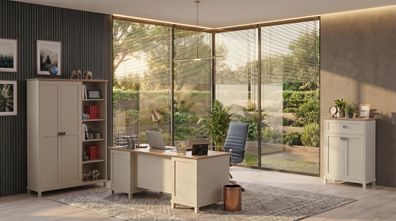 Beiges Büro-Set Schreibtisch Schrank Bücherregal Arbeitszimmer