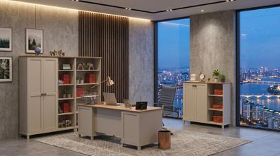 Beiges Büro-Set Schreibtisch Schrank Bücherregal Arbeitszimmer
