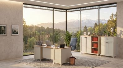 Beiges Büro-Set Schreibtisch zwei Schränke modern Arbeitszimmer