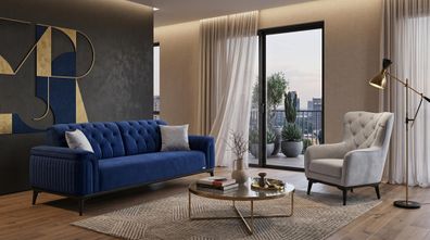 Sofa-Set Sofas modern Blau Stoff sofa Sessel Wohnzimmer