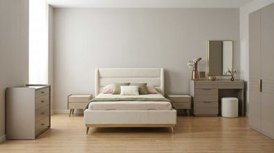 Schlafzimmer Set Beige Modern Luxus Bett Schminktisch Kommoden