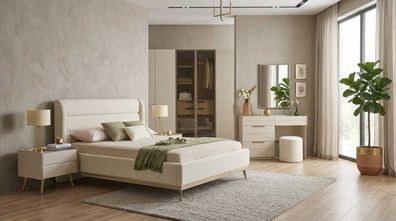 Schlafzimmer Set Beige Modern Luxus Bett Schminktisch Schrank