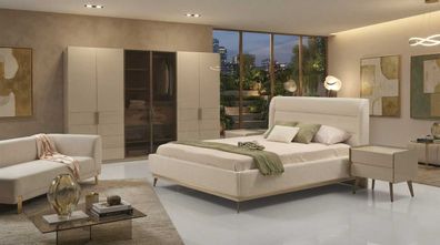 Schlafzimmer Set Beige Modern Luxus Bett Schrank Nachtkonsolen
